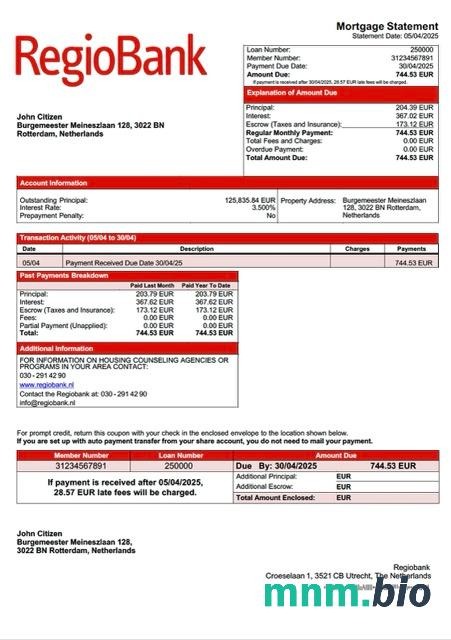 Holandia Regiobank wyciąg z kredytu hipotecznego szablon Word i PDF